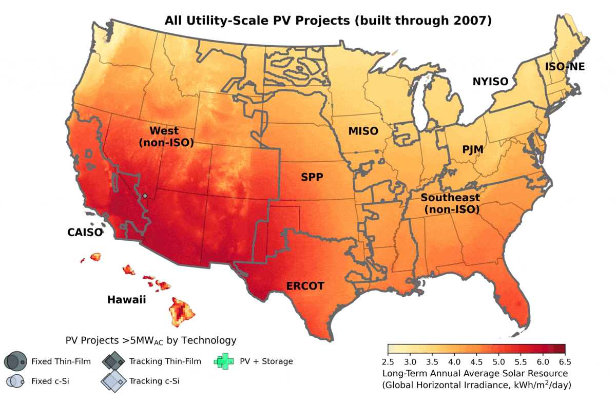All Utility-Scale PV Projects (built through 2022) GIF